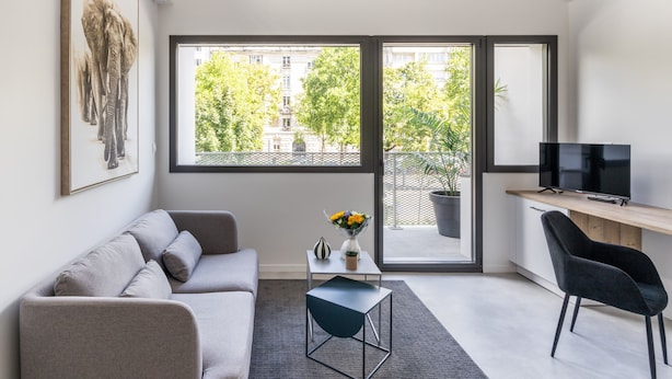 A modern living room with a grey sofa, a small table with a vase of flowers, a black chair, and a TV on a wooden shelf. - Molène - Cosy, à quelques minutes du centre-ville (Rennes)