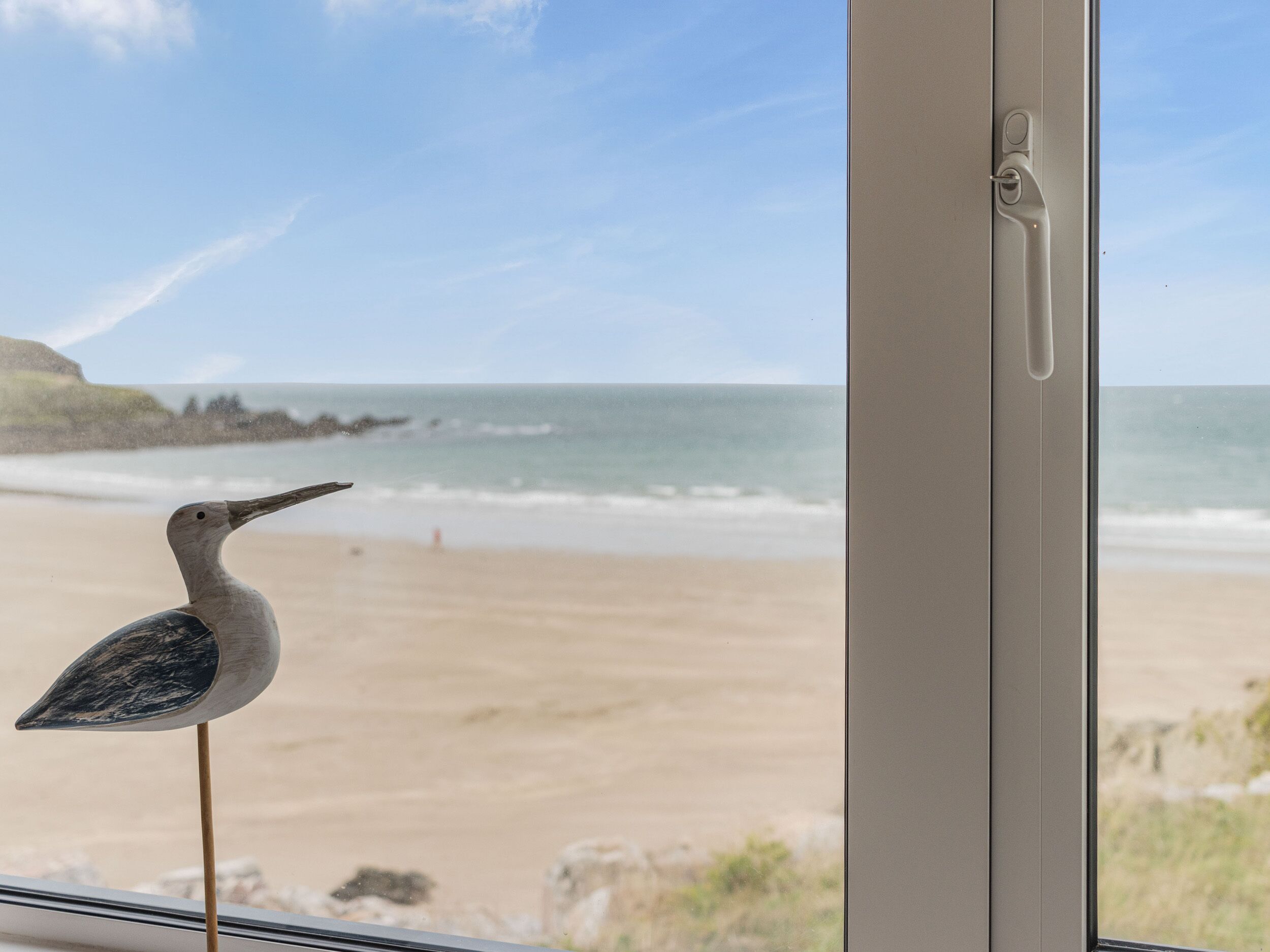 A bird on a window sill overlooking a beach.