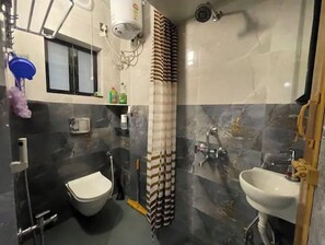 Shower, hair dryer, soap, shampoo