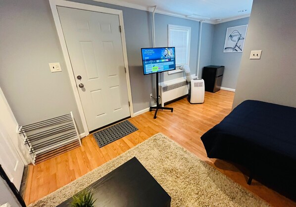 A room with a bed, a TV on a stand, a radiator, and a door.