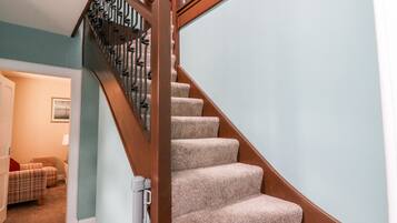Una escalera alfombrada con barandilla de madera y balaustrada de metal negro, que conduce a una habitación con pared azul claro y un cuadro enmarcado.