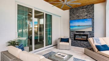 Smart TV, fireplace, books