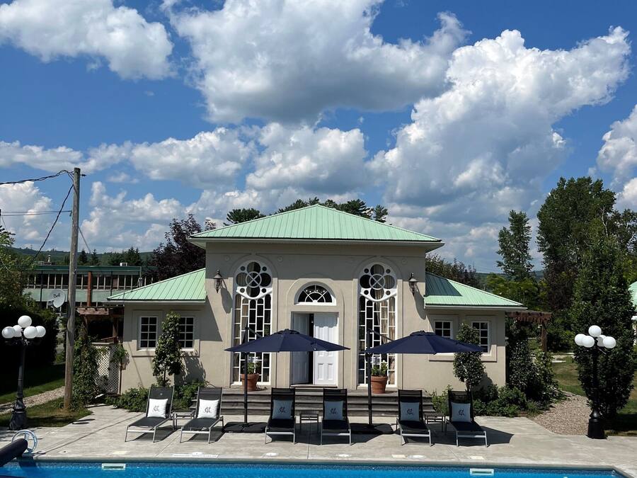 Seasonal outdoor pool, pool umbrellas, pool loungers