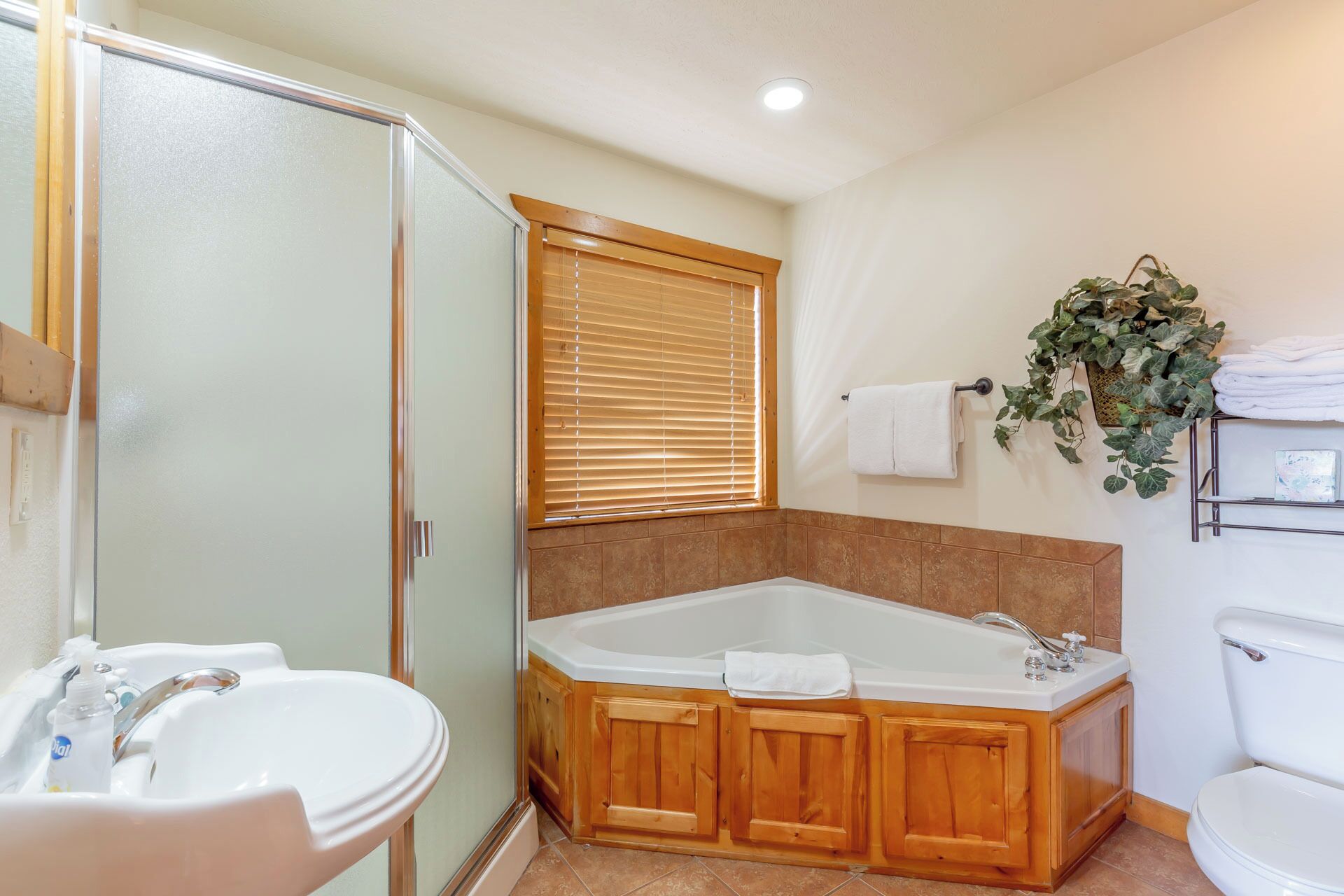 Une salle de bain équipée d’une douche, d’une baignoire, de toilettes et d’un lavabo.