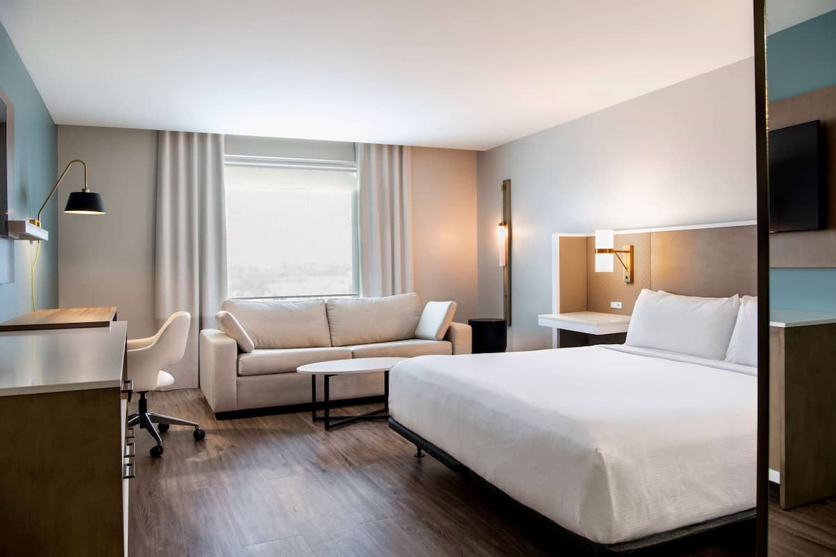 Una habitación de hotel con una cama, un sofá, un escritorio y una silla.