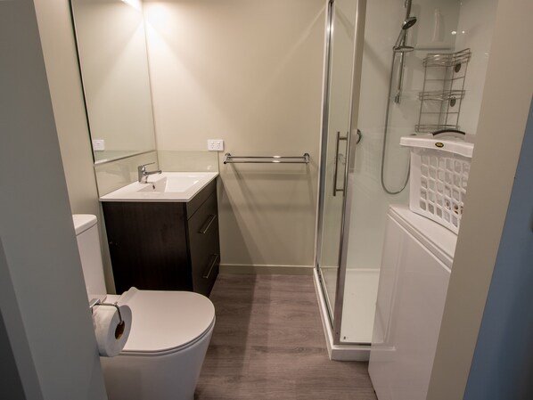 A modern bathroom with a toilet, sink, and glass shower enclosure. - Roydons Flat - Kaiteriteri Downstairs Unit (Kaiteriteri)