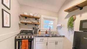 A kitchen with a stove, oven, sink, and cabinets. There is a window above the sink and a plant on the wall.