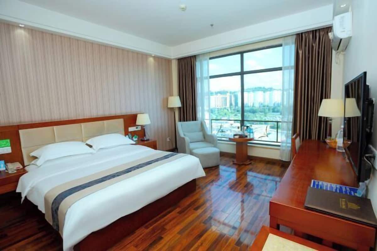 A hotel room with a large bed, a desk, a chair, a TV, and a window with a city view.