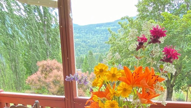 Ein Holztisch mit einer Glasvase mit Blumen und Kerzen auf einem Balkon mit Blick auf eine grüne Landschaft.