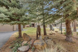 A residential driveway with a stone pathway, large rocks, and evergreen trees.