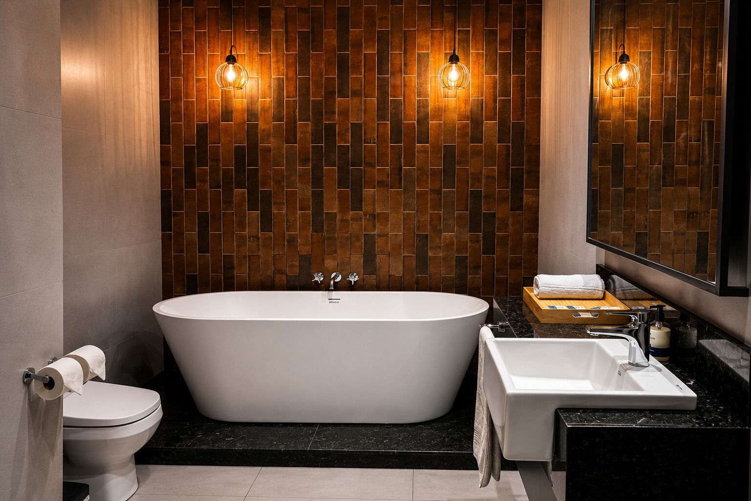 A modern bathroom with a freestanding bathtub, a toilet, a sink, and a mirror.