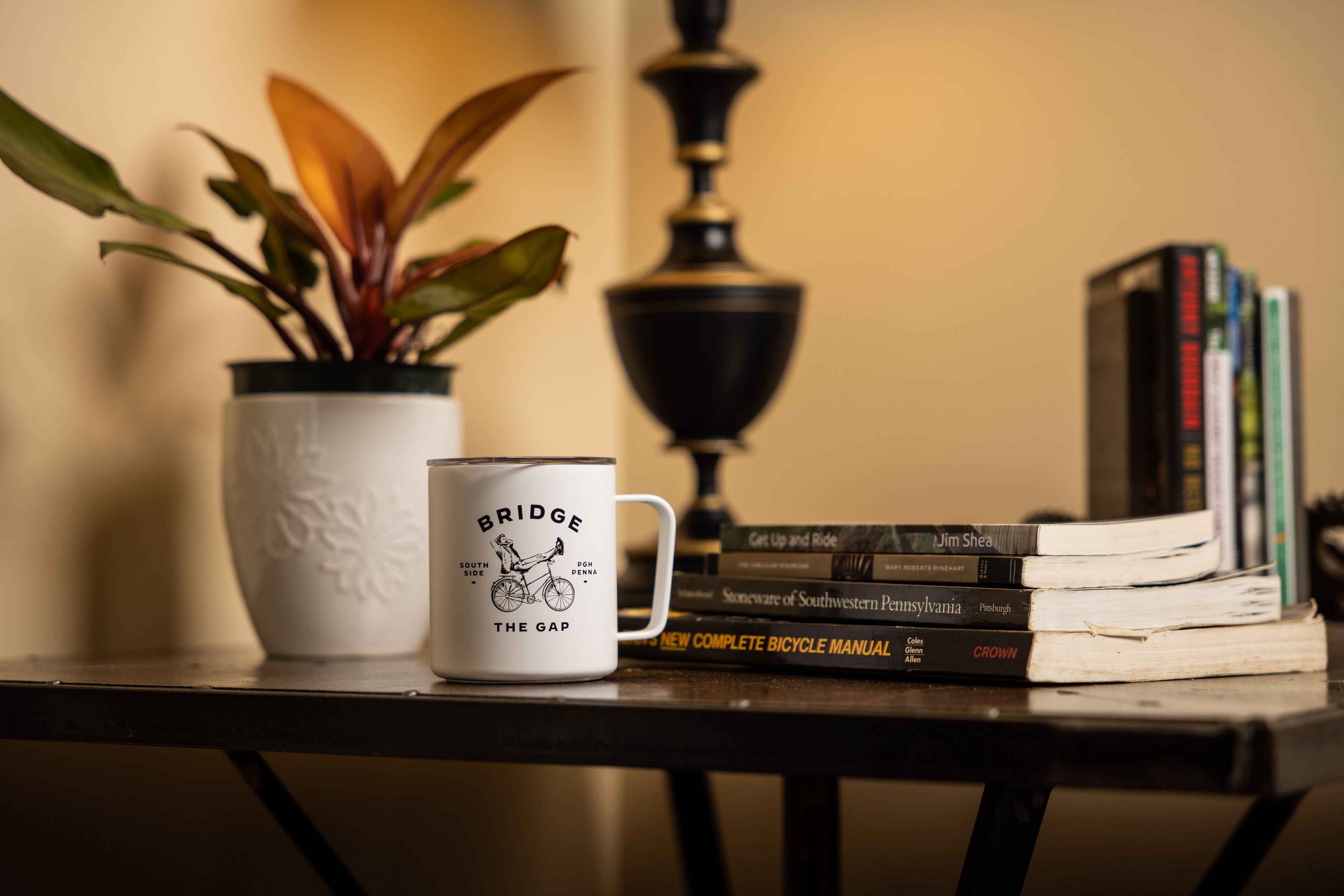 Eine weiße Tasse mit Fahrradmotiv, ein Topfpflanze und ein Bücherstapel auf einem Tisch.