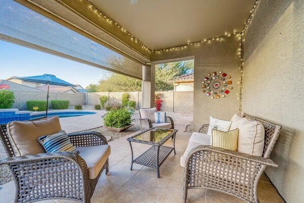Terrace/patio - NEW! Cozy desert getaway with private backyard and seasonal pool! (New River)