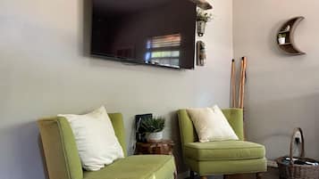 Smart TV, fireplace, DVD player, books