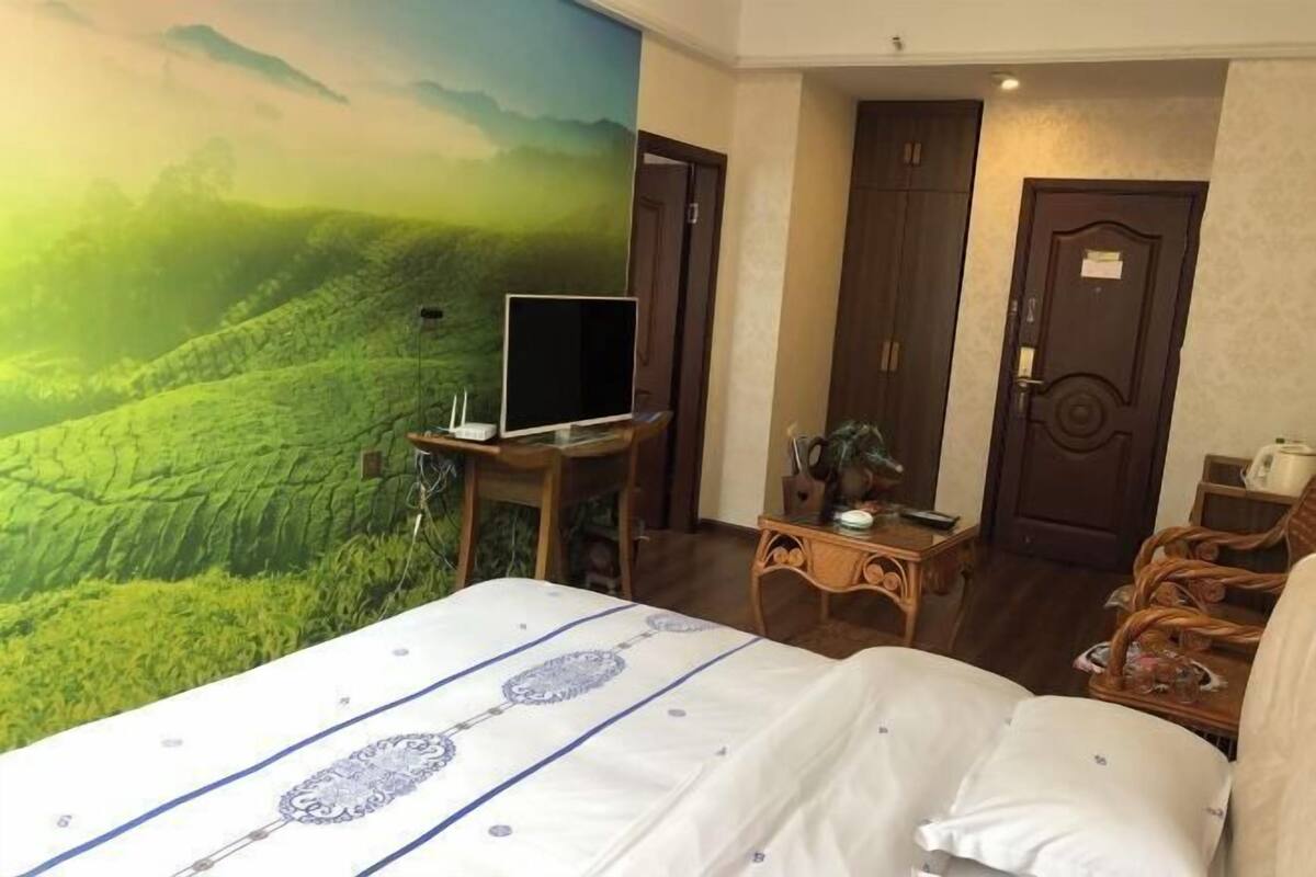 A hotel room with a bed, a desk with a TV, a door, and a view of a green landscape.