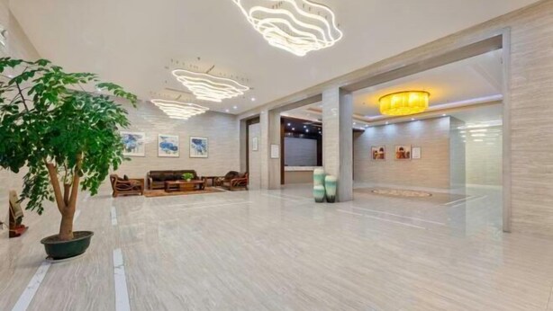 Un hall d’entrée spacieux au design moderne, agrémenté d’un grand arbre en pot, d’un espace salon et d’un éclairage contemporain.