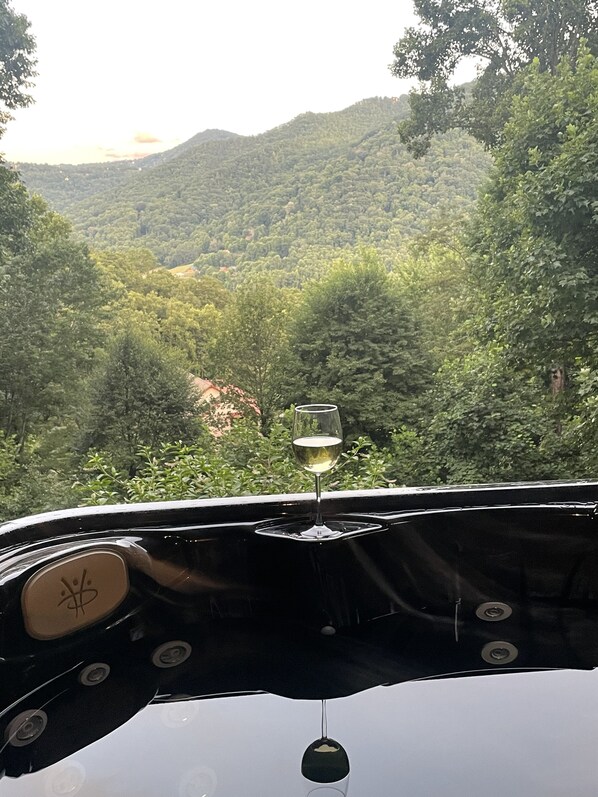 A car's interior with a wine glass on the dashboard, a logo on the steering wheel, and a view of a forested hillside. - Log Cabin, Amazing View, Hot Tub, Fire Place, Fire Pit, Paved Access, 4 Bedrooms (Maggie Valley)