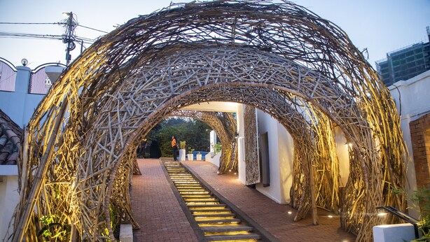 Un sendero arqueado hecho de ramas entrelazadas, que conduce a la entrada de un edificio.
