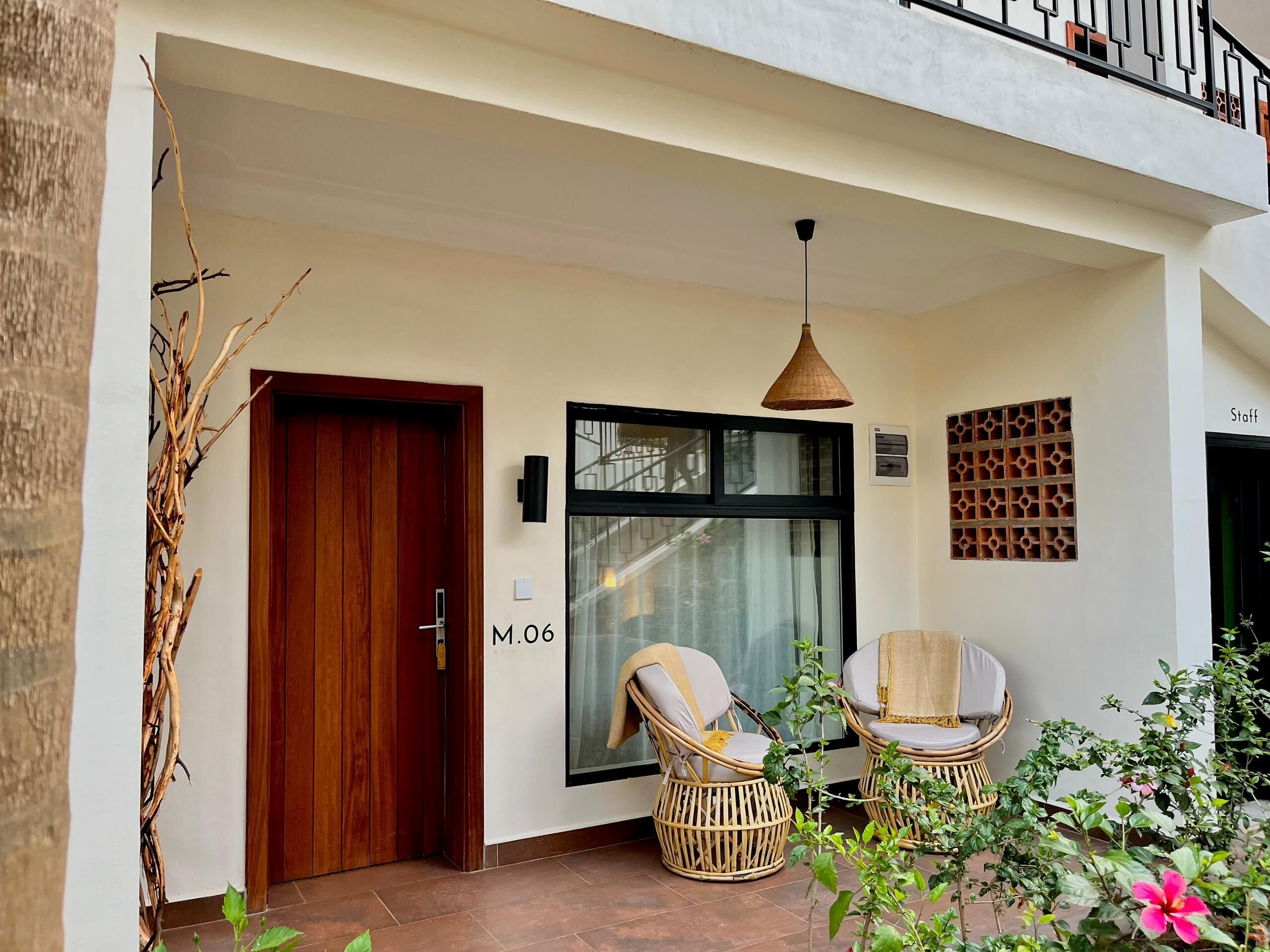 A modern entrance with a wooden door, two wicker chairs, a hanging pendant light, and a glass door with a view of the street.