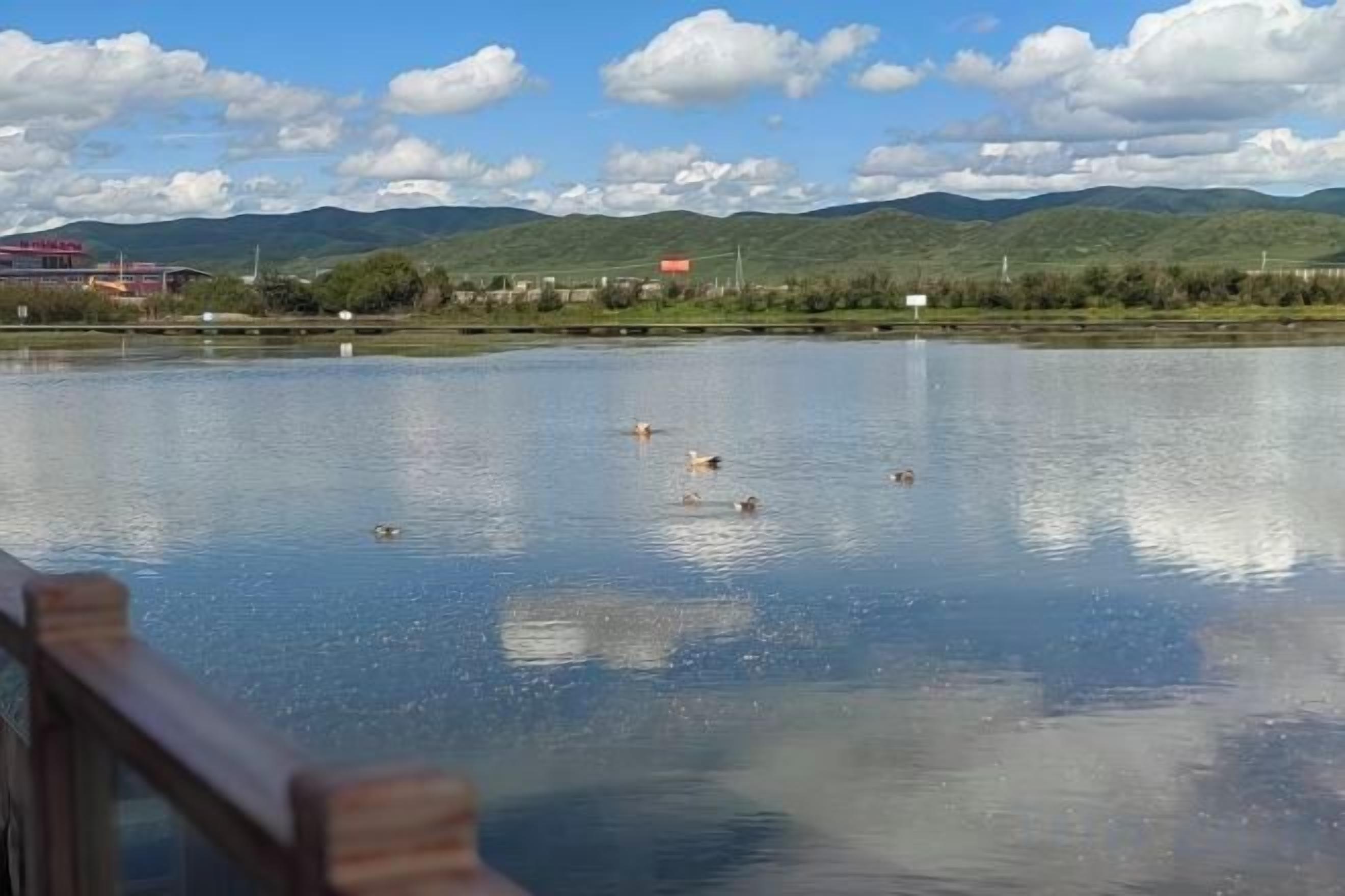 Un lac paisible, avec des montagnes en arrière-plan et une rambarde en bois au premier plan.