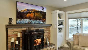 Smart TV, fireplace, DVD player, books