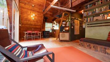 TV, fireplace, books, stereo