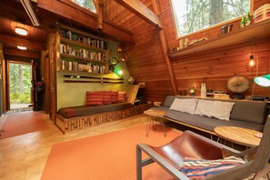 Televisio, takka, kirjoja, stereot