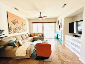 TV, fireplace, offices