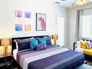 4 bedrooms, desk, iron/ironing board, travel crib