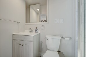 Shower, hair dryer, bidet, towels
