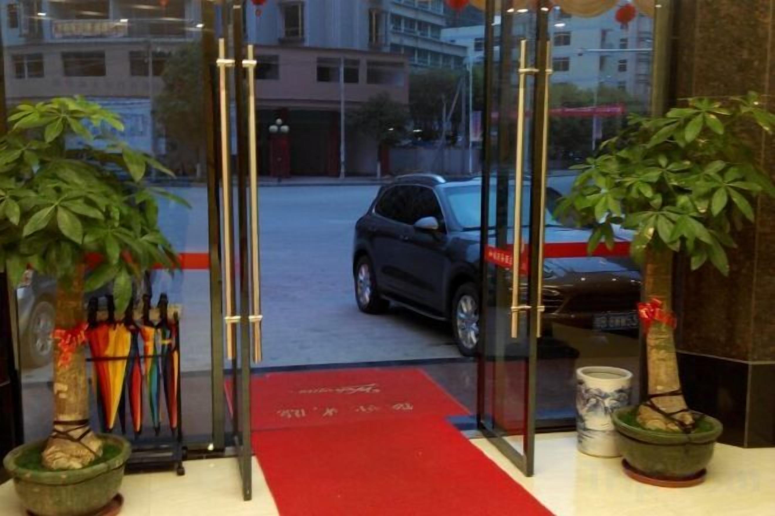A hotel entrance with a red carpet, glass doors, and potted plants.