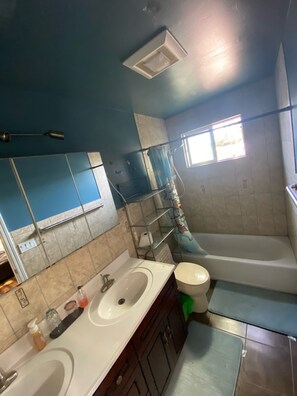 Badewanne, Haartrockner, Handtücher, Seife