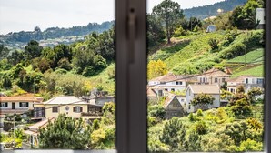 Vista desde una ventana hacia una colina con casas y vegetación.
