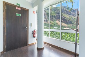 A hallway with a wooden door, emergency exit sign, a fire extinguisher, and a large window with a view of a mountainous landscape.