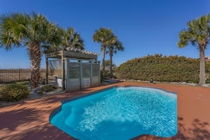 Piscina com deck de madeira, palmeiras e uma sebe ao fundo.