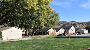 A row of single-story buildings with a grassy lawn in front, a large tree to the left, and a hilly landscape in the background.