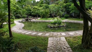 A circular pond with a stone pathway leading to it, surrounded by lush greenery.