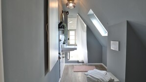 Un bagno moderno con finestra sul tetto, doccia e servizi igienici.