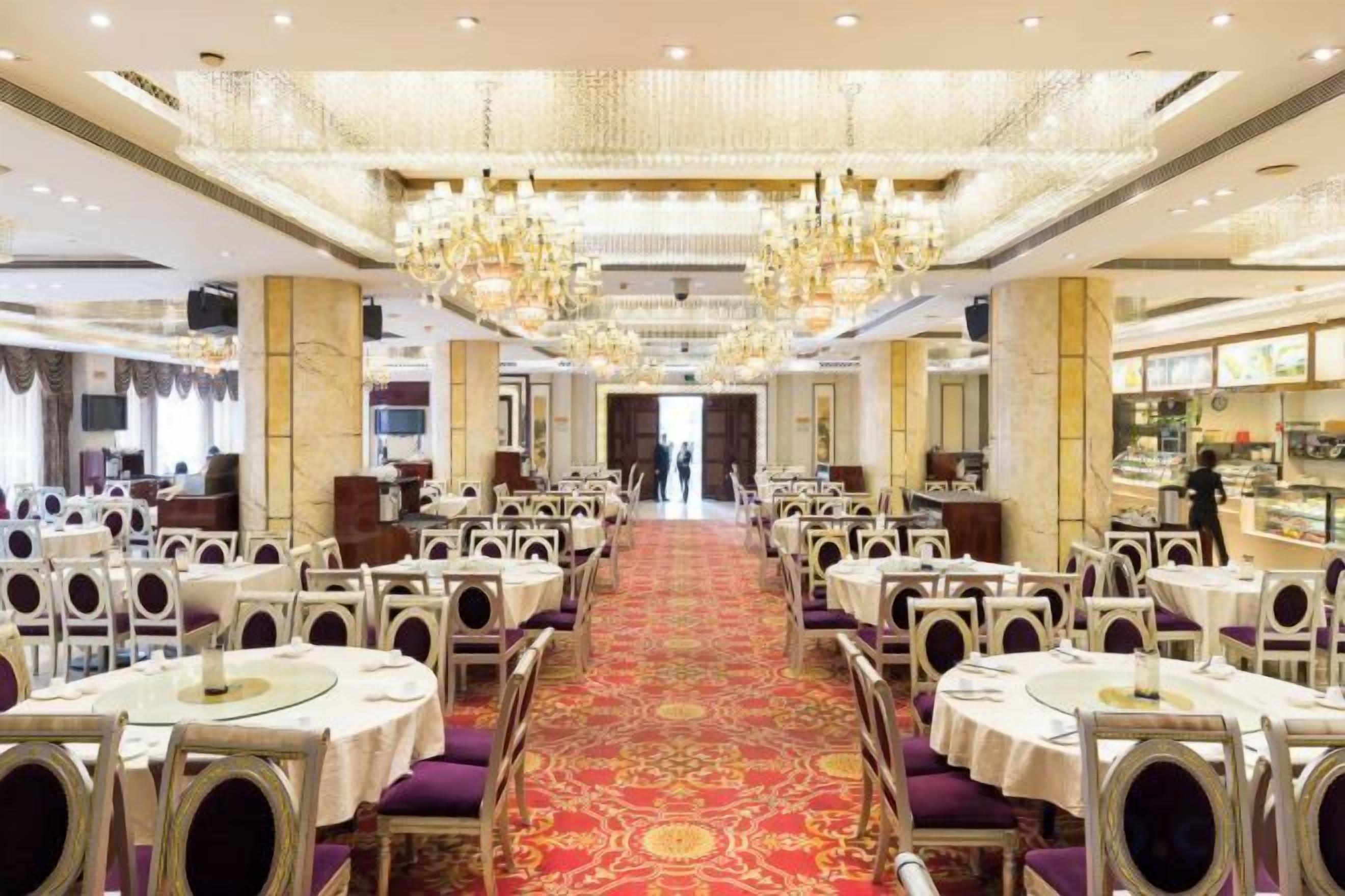 Un vaste espace dédié à la salle à manger, comprenant plusieurs tables et chaises, une allée centrale et des luminaires décoratifs.