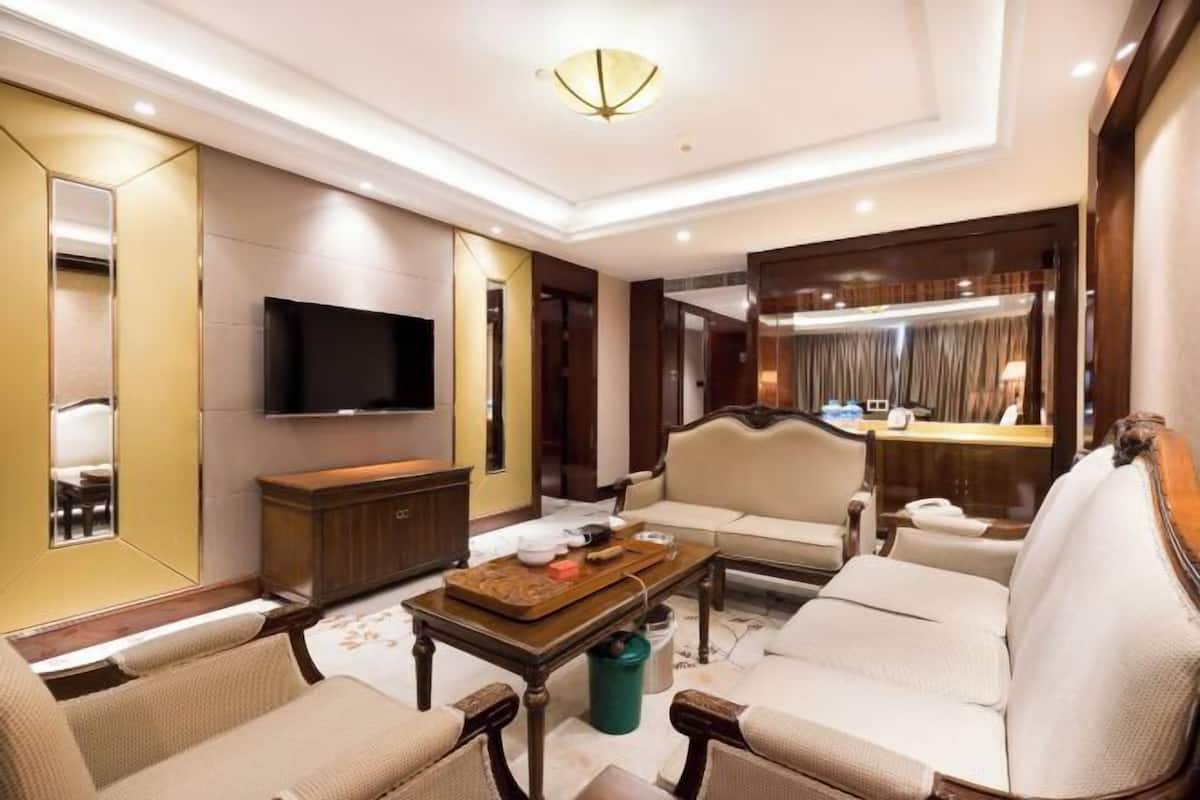 A modern living room with a flat-screen TV, a sofa, a coffee table, and a decorative mirror.