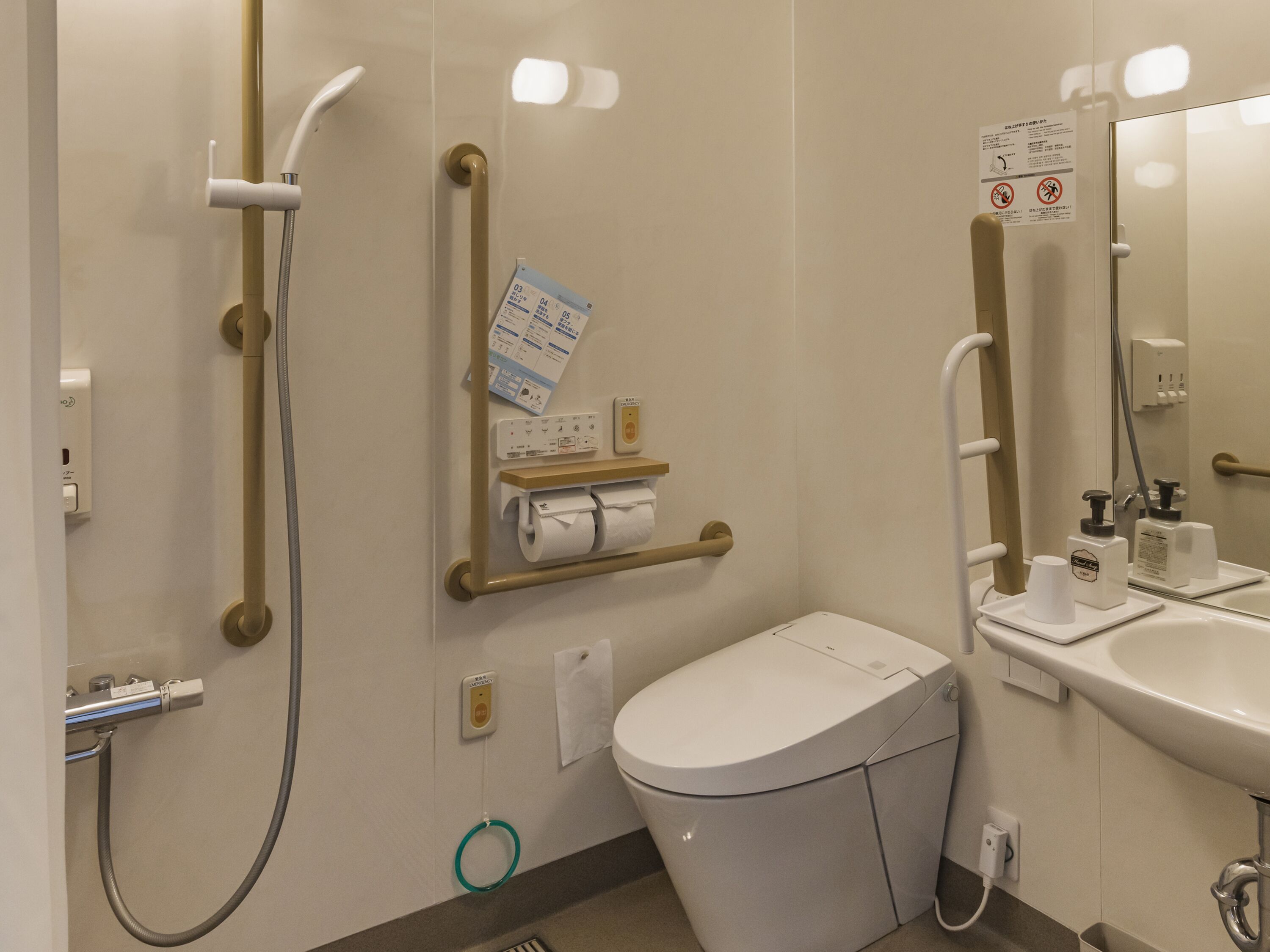 A bathroom with a toilet, sink, and shower. There are handrails, a towel dispenser, and a paper towel holder.
