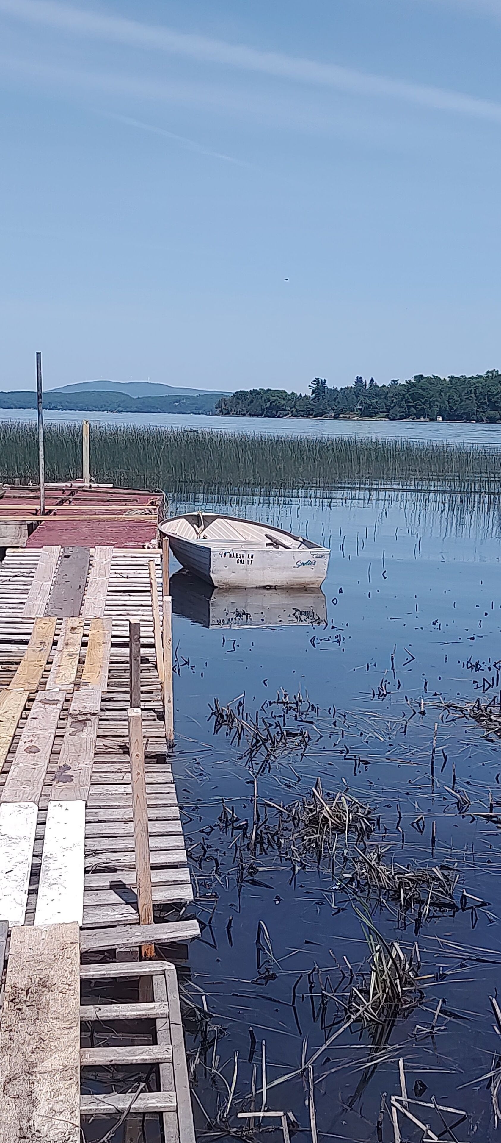 Een houten steiger die uitloopt in kalm water, met een klein bootje aanmerend aan het einde.