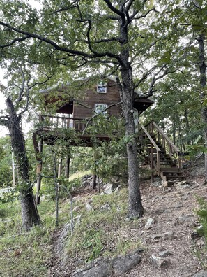 Eine Holzhütte mit einer Treppe, die zu einer Terrasse führt, umgeben von Bäumen und einer natürlichen Landschaft.