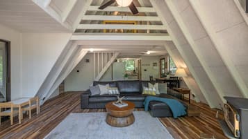 TV, fireplace, table football