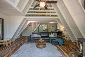 TV, fireplace, foosball