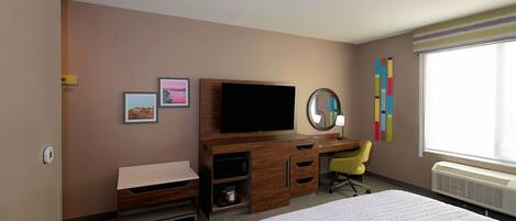 Habitación de hotel con cama, escritorio, televisor, espejo y ventana con persianas.