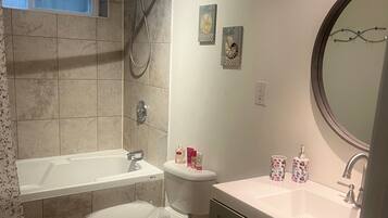 Secadora de cabello, toallas, jabón, papel de baño