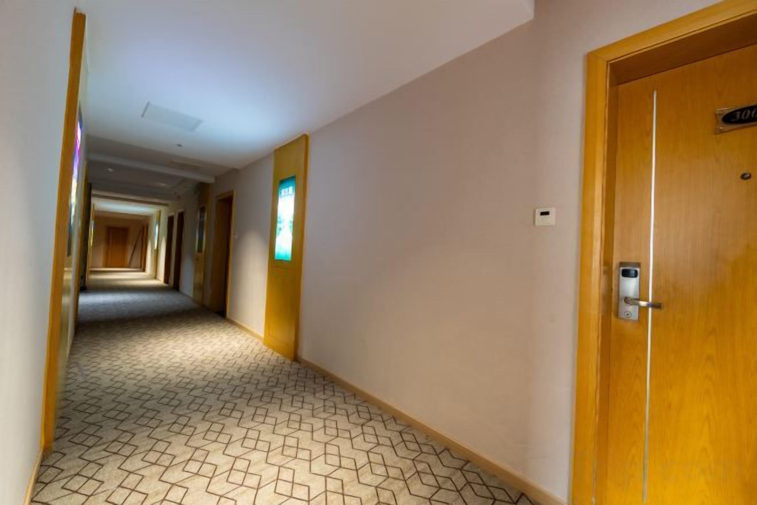 A hotel hallway with a patterned carpet, a wooden door with a lock, and a light switch on the wall.