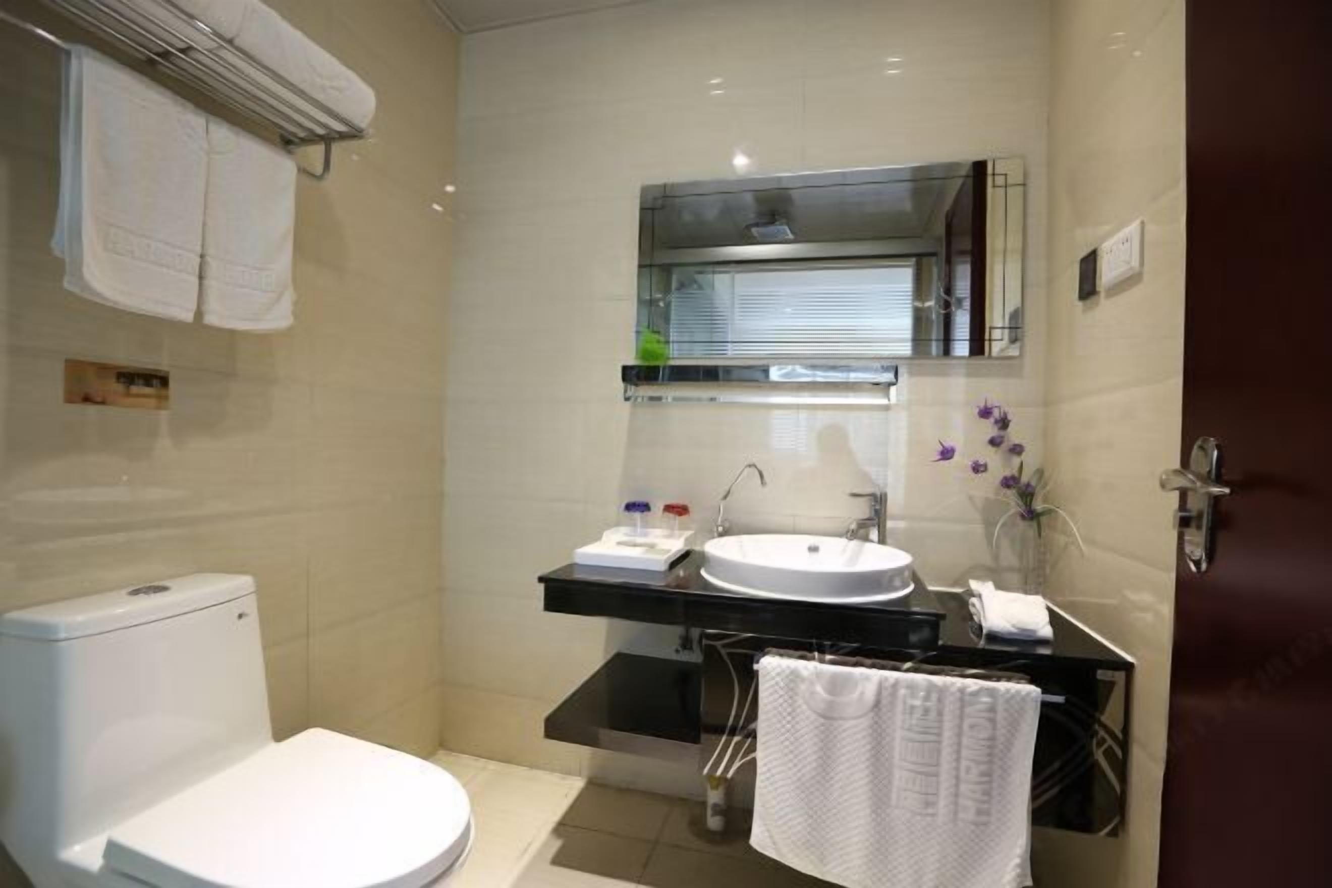 Une petite salle de bain avec des toilettes blanches, un lavabo surmonté d’un miroir et un porte-serviettes avec des serviettes.
