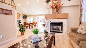 Smart TV, fireplace, books